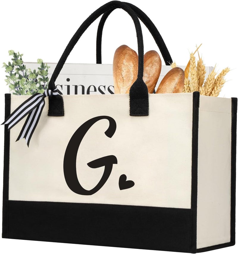 shenee Initial Canvas Tote Bag, Personalized Beach Jute Bag Present for Women Holiday,Friends Birthday Gift,Wedding, New Year - Image 1